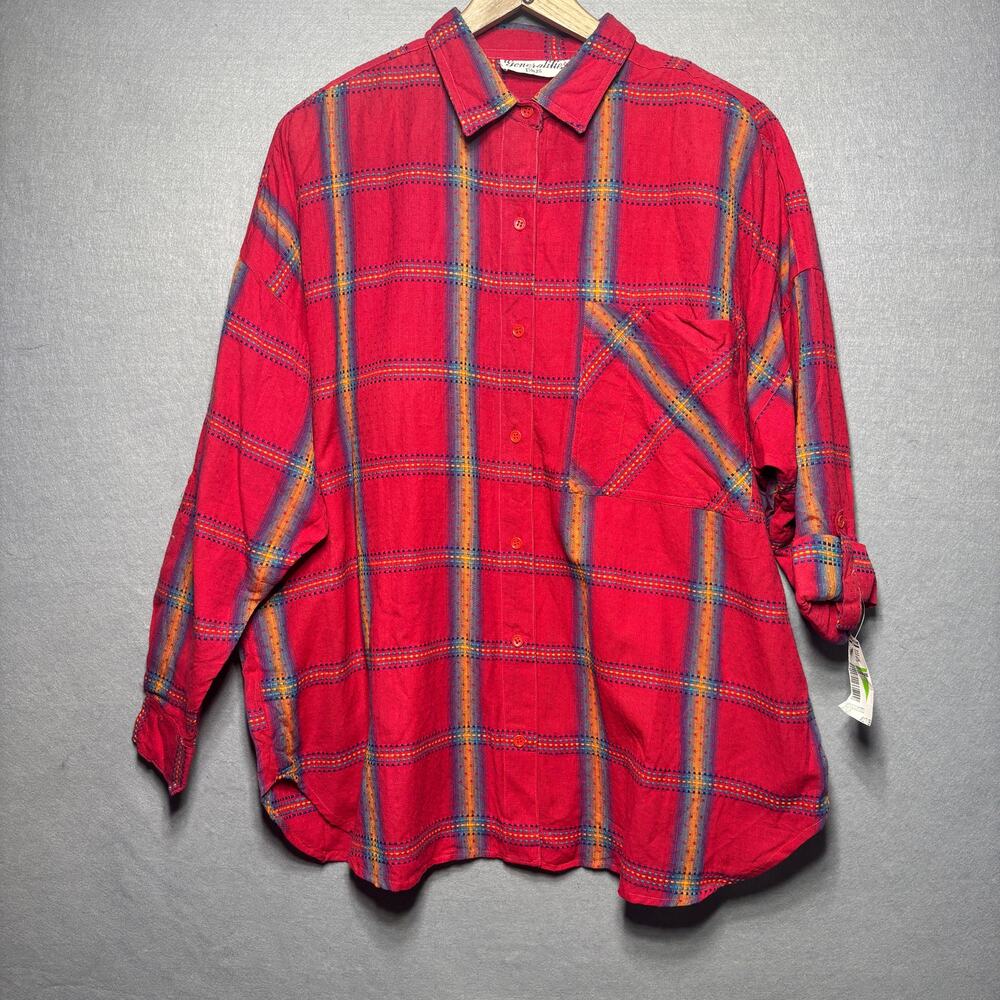 Generalities Plus Button Top 20W Red‎ Plaid Long Sleeve Retro Classic Americana